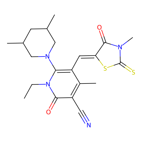 6-(3,5-dimethylpiperidin-1-yl)-1-ethyl-4-methyl-5-[(3-methyl-4-oxo-2-sulfanylidene-1,3-thiazolidin-5-ylidene)methyl]-2-oxopyridine-3-carbonitrile structure