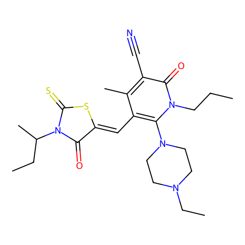 5-[(3-butan-2-yl-4-oxo-2-sulfanylidene-1,3-thiazolidin-5-ylidene)methyl]-6-(4-ethylpiperazin-1-yl)-4-methyl-2-oxo-1-propylpyridine-3-carbonitrile structure