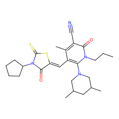 5-[(3-cyclopentyl-4-oxo-2-sulfanylidene-1,3-thiazolidin-5-ylidene)methyl]-6-(3,5-dimethylpiperidin-1-yl)-4-methyl-2-oxo-1-propylpyridine-3-carbonitrile structure