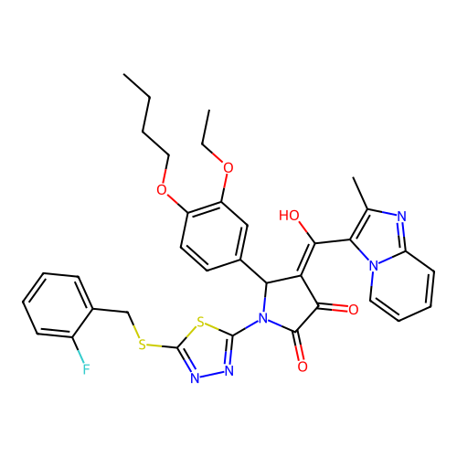 5-(4-butoxy-3-ethoxyphenyl)-1-[5-[(2-fluorophenyl)methylsulfanyl]-1,3,4-thiadiazol-2-yl]-4-[hydroxy-(2-methylimidazo[1,2-a]pyridin-3-yl)methylidene]pyrrolidine-2,3-dione structure