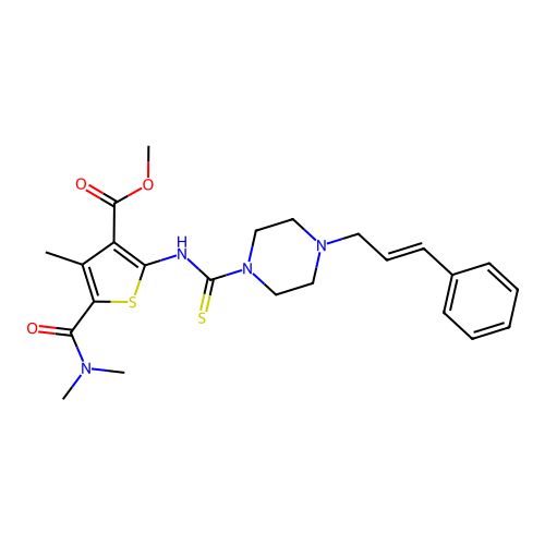 (E)-methyl 2-(4-cinnamylpiperazine-1-carbothioamido)-5-(dimethylcarbamoyl)-4-methylthiophene-3-carboxylate structure