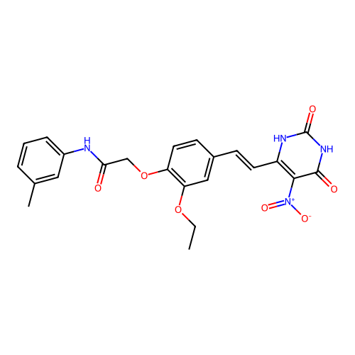 (E)-2-(2-ethoxy-4-(2-(5-nitro-2,6-dioxo-1,2,3,6-tetrahydropyrimidin-4-yl)vinyl)phenoxy)-N-(m-tolyl)acetamide structure