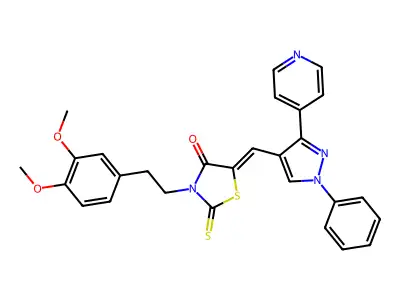 3-[2-(3,4-dimethoxyphenyl)ethyl]-5-[(1-phenyl-3-pyridin-4-ylpyrazol-4-yl)methylidene]-2-sulfanylidene-1,3-thiazolidin-4-one structure