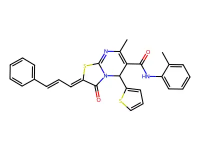 2-cinnamylidene-7-methyl-N-(2-methylphenyl)-3-oxo-5-thiophen-2-yl-5H-[1,3]thiazolo[3,2-a]pyrimidine-6-carboxamide structure