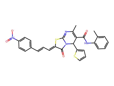 7-methyl-N-(2-methylphenyl)-2-[3-(4-nitrophenyl)prop-2-enylidene]-3-oxo-5-thiophen-2-yl-5H-[1,3]thiazolo[3,2-a]pyrimidine-6-carboxamide structure