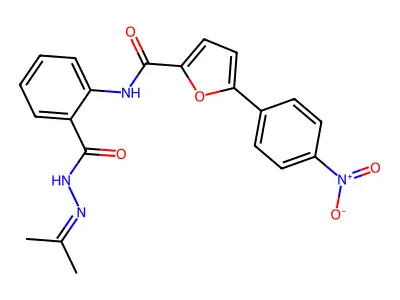 5-(4-nitrophenyl)-N-[2-[(propan-2-ylideneamino)carbamoyl]phenyl]furan-2-carboxamide structure