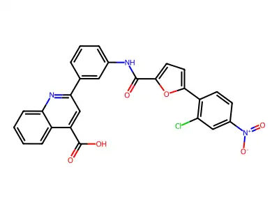 2-[3-[[5-(2-chloro-4-nitrophenyl)furan-2-carbonyl]amino]phenyl]quinoline-4-carboxylic acid structure