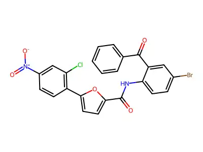 N-(2-benzoyl-4-bromophenyl)-5-(2-chloro-4-nitrophenyl)furan-2-carboxamide structure