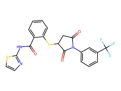 2-[2,5-dioxo-1-[3-(trifluoromethyl)phenyl]pyrrolidin-3-yl]sulfanyl-N-(1,3-thiazol-2-yl)benzamide structure