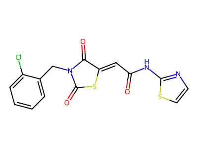 2-[3-[(2-chlorophenyl)methyl]-2,4-dioxo-1,3-thiazolidin-5-ylidene]-N-(1,3-thiazol-2-yl)acetamide structure