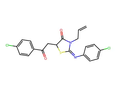 (2Z)-2-[(4-Chlorophenyl)imino]-5-[2-(4-chlorophenyl)-2-oxoethyl]-3-(prop-2-en-1-yl)-1,3-thiazolidin-4-one structure