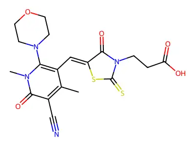 3-(5-{[5-Cyano-1,4-dimethyl-2-(morpholin-4-yl)-6-oxo-1,6-dihydropyridin-3-yl]methylidene}-4-oxo-2-sulfanylidene-1,3-thiazolidin-3-yl)propanoic acid structure