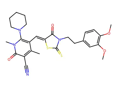 5-({3-[2-(3,4-Dimethoxyphenyl)ethyl]-4-oxo-2-sulfanylidene-1,3-thiazolidin-5-ylidene}methyl)-1,4-dimethyl-2-oxo-6-(piperidin-1-yl)-1,2-dihydropyridine-3-carbonitrile structure