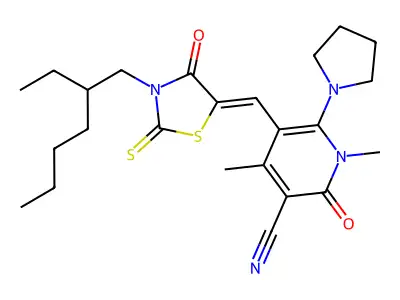 5-{[3-(2-Ethylhexyl)-4-oxo-2-sulfanylidene-1,3-thiazolidin-5-ylidene]methyl}-1,4-dimethyl-2-oxo-6-(pyrrolidin-1-yl)-1,2-dihydropyridine-3-carbonitrile structure