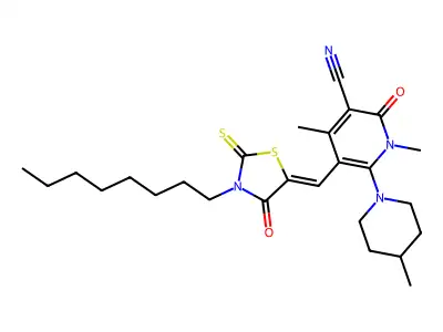 1,4-Dimethyl-6-(4-methylpiperidin-1-yl)-5-[(3-octyl-4-oxo-2-sulfanylidene-1,3-thiazolidin-5-ylidene)methyl]-2-oxo-1,2-dihydropyridine-3-carbonitrile structure
