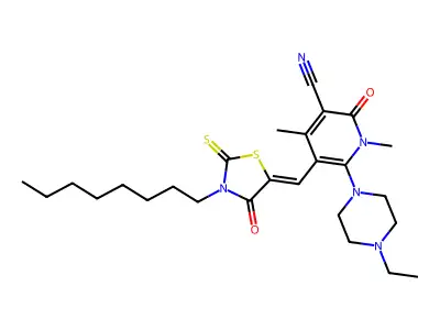 6-(4-Ethylpiperazin-1-yl)-1,4-dimethyl-5-[(3-octyl-4-oxo-2-sulfanylidene-1,3-thiazolidin-5-ylidene)methyl]-2-oxo-1,2-dihydropyridine-3-carbonitrile structure