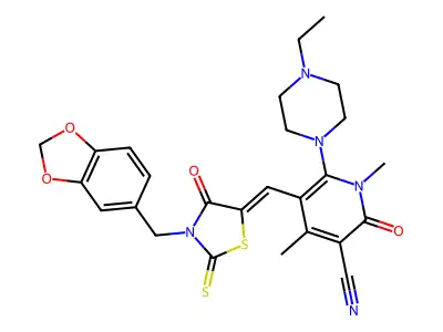 5-[[3-(1,3-benzodioxol-5-ylmethyl)-4-oxo-2-sulfanylidene-1,3-thiazolidin-5-ylidene]methyl]-6-(4-ethylpiperazin-1-yl)-1,4-dimethyl-2-oxopyridine-3-carbonitrile structure