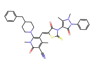 6-(4-benzyl-1-piperidyl)-5-[[3-(1,5-dimethyl-3-oxo-2-phenyl-pyrazol-4-yl)-4-oxo-2-sulfanylidene-thiazolidin-5-ylidene]methyl]-1,4-dimethyl-2-oxo-pyridine-3-carbonitrile structure