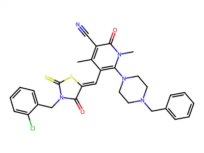 6-(4-Benzylpiperazin-1-yl)-5-({3-[(2-chlorophenyl)methyl]-4-oxo-2-sulfanylidene-1,3-thiazolidin-5-ylidene}methyl)-1,4-dimethyl-2-oxo-1,2-dihydropyridine-3-carbonitrile structure