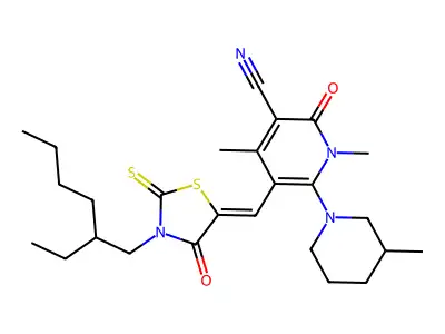5-{[3-(2-Ethylhexyl)-4-oxo-2-sulfanylidene-1,3-thiazolidin-5-ylidene]methyl}-1,4-dimethyl-6-(3-methylpiperidin-1-yl)-2-oxo-1,2-dihydropyridine-3-carbonitrile structure