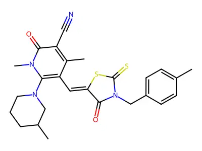 1,4-Dimethyl-5-({3-[(4-methylphenyl)methyl]-4-oxo-2-sulfanylidene-1,3-thiazolidin-5-ylidene}methyl)-6-(3-methylpiperidin-1-yl)-2-oxo-1,2-dihydropyridine-3-carbonitrile structure
