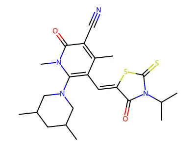 6-(3,5-Dimethylpiperidin-1-yl)-1,4-dimethyl-2-oxo-5-{[4-oxo-3-(propan-2-yl)-2-sulfanylidene-1,3-thiazolidin-5-ylidene]methyl}-1,2-dihydropyridine-3-carbonitrile structure