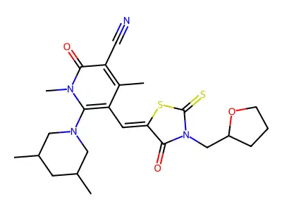 6-(3,5-dimethylpiperidin-1-yl)-1,4-dimethyl-2-oxo-5-[[4-oxo-3-(oxolan-2-ylmethyl)-2-sulfanylidene-1,3-thiazolidin-5-ylidene]methyl]pyridine-3-carbonitrile structure