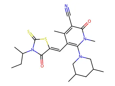 5-[(3-butan-2-yl-4-oxo-2-sulfanylidene-1,3-thiazolidin-5-ylidene)methyl]-6-(3,5-dimethylpiperidin-1-yl)-1,4-dimethyl-2-oxopyridine-3-carbonitrile structure
