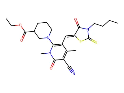 Ethyl 1-{3-[(3-butyl-4-oxo-2-sulfanylidene-1,3-thiazolidin-5-ylidene)methyl]-5-cyano-1,4-dimethyl-6-oxo-1,6-dihydropyridin-2-yl}piperidine-3-carboxylate structure