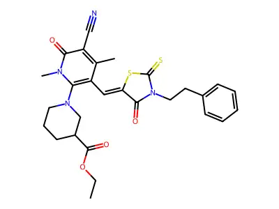 Ethyl 1-(5-cyano-1,4-dimethyl-6-oxo-3-{[4-oxo-3-(2-phenylethyl)-2-sulfanylidene-1,3-thiazolidin-5-ylidene]methyl}-1,6-dihydropyridin-2-yl)piperidine-3-carboxylate structure