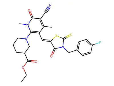 Ethyl 1-[5-cyano-3-({3-[(4-fluorophenyl)methyl]-4-oxo-2-sulfanylidene-1,3-thiazolidin-5-ylidene}methyl)-1,4-dimethyl-6-oxo-1,6-dihydropyridin-2-yl]piperidine-3-carboxylate structure