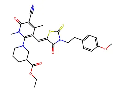 ethyl 1-[5-cyano-3-[[3-[2-(4-methoxyphenyl)ethyl]-4-oxo-2-sulfanylidene-1,3-thiazolidin-5-ylidene]methyl]-1,4-dimethyl-6-oxopyridin-2-yl]piperidine-3-carboxylate structure