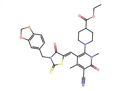 Ethyl 1-[3-({3-[(2H-1,3-benzodioxol-5-yl)methyl]-4-oxo-2-sulfanylidene-1,3-thiazolidin-5-ylidene}methyl)-5-cyano-1,4-dimethyl-6-oxo-1,6-dihydropyridin-2-yl]piperidine-4-carboxylate structure