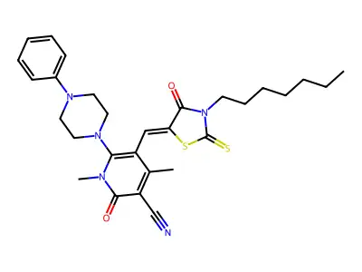 5-[(3-Heptyl-4-oxo-2-sulfanylidene-1,3-thiazolidin-5-ylidene)methyl]-1,4-dimethyl-2-oxo-6-(4-phenylpiperazin-1-yl)-1,2-dihydropyridine-3-carbonitrile structure