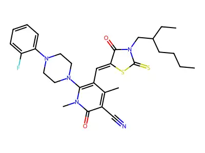 5-{[3-(2-Ethylhexyl)-4-oxo-2-sulfanylidene-1,3-thiazolidin-5-ylidene]methyl}-6-[4-(2-fluorophenyl)piperazin-1-yl]-1,4-dimethyl-2-oxo-1,2-dihydropyridine-3-carbonitrile structure