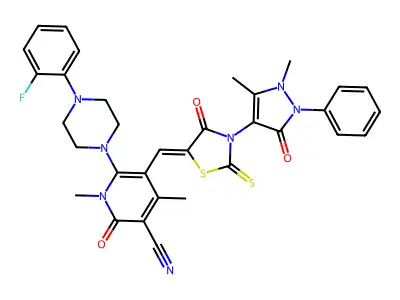 5-[[3-(1,5-dimethyl-3-oxo-2-phenylpyrazol-4-yl)-4-oxo-2-sulfanylidene-1,3-thiazolidin-5-ylidene]methyl]-6-[4-(2-fluorophenyl)piperazin-1-yl]-1,4-dimethyl-2-oxopyridine-3-carbonitrile structure