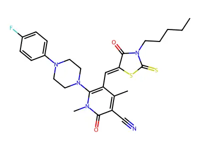 6-[4-(4-Fluorophenyl)piperazin-1-yl]-1,4-dimethyl-2-oxo-5-[(4-oxo-3-pentyl-2-sulfanylidene-1,3-thiazolidin-5-ylidene)methyl]-1,2-dihydropyridine-3-carbonitrile structure