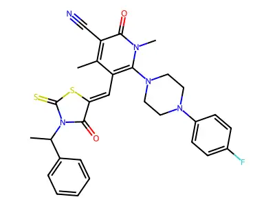 6-[4-(4-Fluorophenyl)piperazin-1-yl]-1,4-dimethyl-2-oxo-5-{[4-oxo-3-(1-phenylethyl)-2-sulfanylidene-1,3-thiazolidin-5-ylidene]methyl}-1,2-dihydropyridine-3-carbonitrile structure