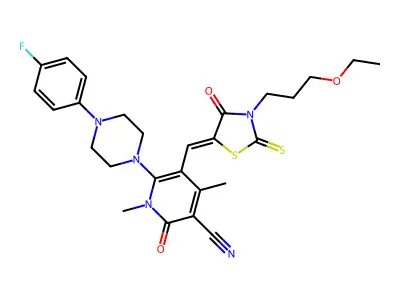 5-{[3-(3-Ethoxypropyl)-4-oxo-2-sulfanylidene-1,3-thiazolidin-5-ylidene]methyl}-6-[4-(4-fluorophenyl)piperazin-1-yl]-1,4-dimethyl-2-oxo-1,2-dihydropyridine-3-carbonitrile structure