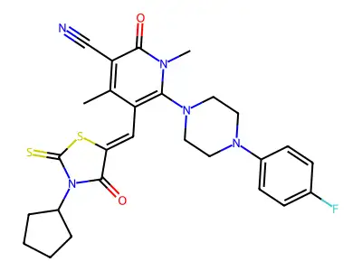 5-[(3-Cyclopentyl-4-oxo-2-sulfanylidene-1,3-thiazolidin-5-ylidene)methyl]-6-[4-(4-fluorophenyl)piperazin-1-yl]-1,4-dimethyl-2-oxo-1,2-dihydropyridine-3-carbonitrile structure