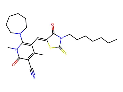 6-(Azepan-1-yl)-5-[(3-heptyl-4-oxo-2-sulfanylidene-1,3-thiazolidin-5-ylidene)methyl]-1,4-dimethyl-2-oxo-1,2-dihydropyridine-3-carbonitrile structure