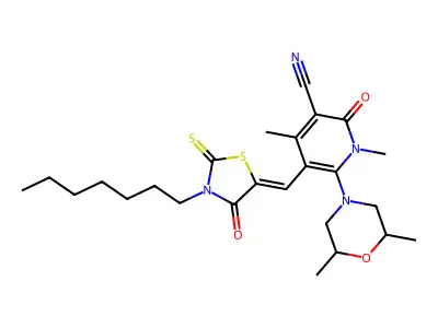 6-(2,6-Dimethylmorpholin-4-yl)-5-[(3-heptyl-4-oxo-2-sulfanylidene-1,3-thiazolidin-5-ylidene)methyl]-1,4-dimethyl-2-oxo-1,2-dihydropyridine-3-carbonitrile structure