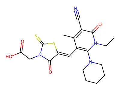 (5-{[5-Cyano-1-ethyl-4-methyl-6-oxo-2-(piperidin-1-yl)-1,6-dihydropyridin-3-yl]methylidene}-4-oxo-2-sulfanylidene-1,3-thiazolidin-3-yl)acetic acid structure