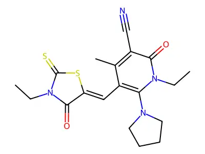 1-Ethyl-5-[(3-ethyl-4-oxo-2-sulfanylidene-1,3-thiazolidin-5-ylidene)methyl]-4-methyl-2-oxo-6-(pyrrolidin-1-yl)-1,2-dihydropyridine-3-carbonitrile structure