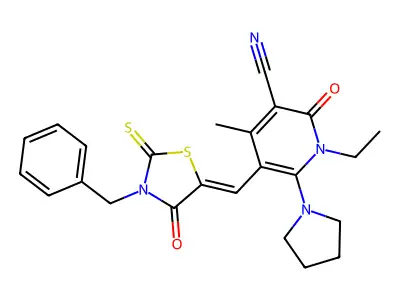 5-[(3-Benzyl-4-oxo-2-sulfanylidene-1,3-thiazolidin-5-ylidene)methyl]-1-ethyl-4-methyl-2-oxo-6-(pyrrolidin-1-yl)-1,2-dihydropyridine-3-carbonitrile structure