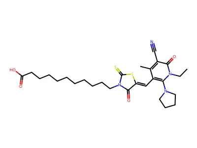 11-(5-{[5-Cyano-1-ethyl-4-methyl-6-oxo-2-(pyrrolidin-1-yl)-1,6-dihydropyridin-3-yl]methylidene}-4-oxo-2-sulfanylidene-1,3-thiazolidin-3-yl)undecanoic acid structure