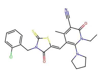5-[[3-[(2-chlorophenyl)methyl]-4-oxo-2-sulfanylidene-1,3-thiazolidin-5-ylidene]methyl]-1-ethyl-4-methyl-2-oxo-6-pyrrolidin-1-ylpyridine-3-carbonitrile structure
