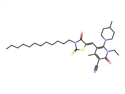 5-[(3-Dodecyl-4-oxo-2-sulfanylidene-1,3-thiazolidin-5-ylidene)methyl]-1-ethyl-4-methyl-6-(4-methylpiperidin-1-yl)-2-oxo-1,2-dihydropyridine-3-carbonitrile structure
