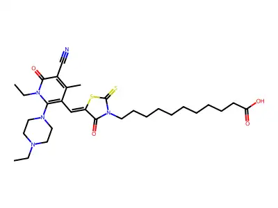 11-(5-{[5-Cyano-1-ethyl-2-(4-ethylpiperazin-1-yl)-4-methyl-6-oxo-1,6-dihydropyridin-3-yl]methylidene}-4-oxo-2-sulfanylidene-1,3-thiazolidin-3-yl)undecanoic acid structure