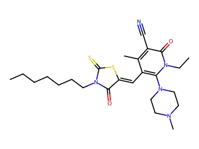1-ethyl-5-[(3-heptyl-4-oxo-2-sulfanylidene-1,3-thiazolidin-5-ylidene)methyl]-4-methyl-6-(4-methylpiperazin-1-yl)-2-oxopyridine-3-carbonitrile structure